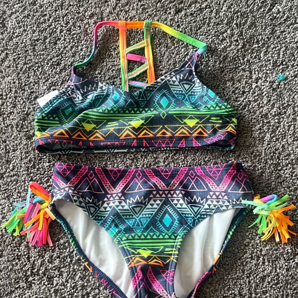 Xhilaration Blue and Green Bikini with Geometric Pattern and Racerback Top